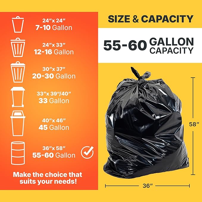 Bagtron 55-60 Gallon Trash Bags, 50 Micron Heavy Duty Pure LDPE Garbage Can Liners, 36" x 58" Large, Black, 50 Count