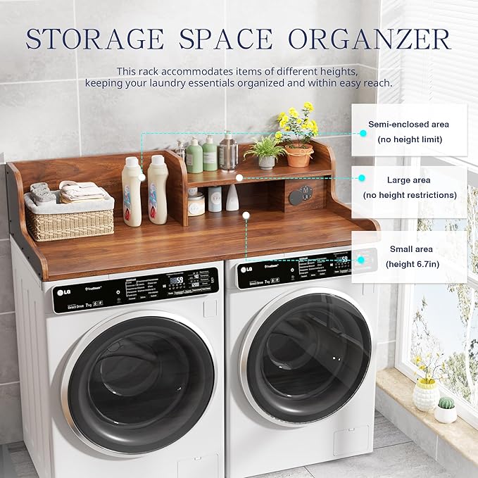 DTK Washer Dryer Countertop with Charging Station, 2 Tier Laundry Countertop with Anti-Slip Strips, 27.55" Depth x 54" Width, Wood Dryer Cover with Shelf, Walnut
