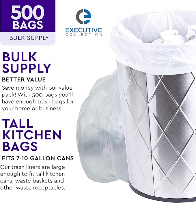 Clear 7-10 Gallon Trash Bags, 500 Bulk Pack - Medium Size Garbage Bin Liners for Office, Bedroom and Kitchen Wastebasket Cans - by Executive Collection