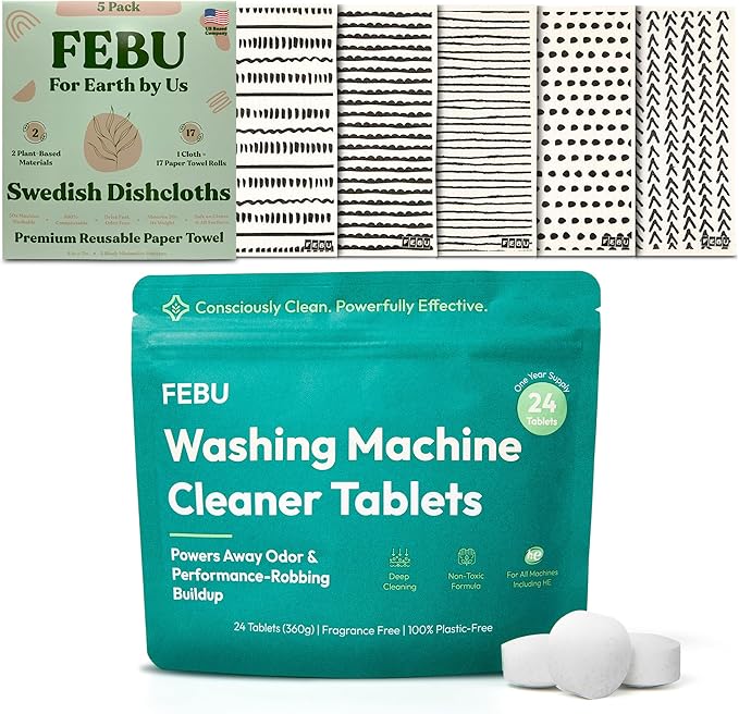 FEBU Save 15% on Swedish Dishcloth + Washing Machine Cleaner Tablets | 5 Pack Black Minimalist Reusable Paper Towels + 24ct Washer Cleaner Tablets