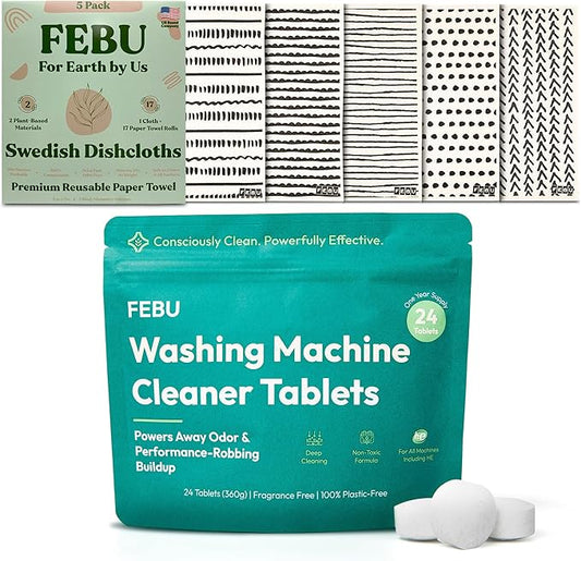 FEBU Save 15% on Swedish Dishcloth + Washing Machine Cleaner Tablets | 5 Pack Black Minimalist Reusable Paper Towels + 24ct Washer Cleaner Tablets