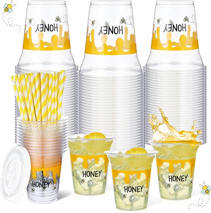 Umigy 100 Pack Honey Bee Plastic Disposable Cups with Lids and Straws 12 oz Disposable Cups for Juice Water Coffee Summer Party Sports Party Supplies(Bee)