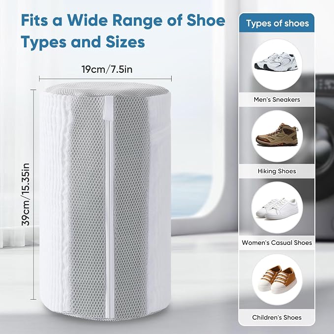 2PCS XXL Shoe Washing Machine Bag with Adjustable Shoes Trees - Heavy Duty Reusable Shoe Laundry Bag for Washer and Dryer - 360° Deep Clean & Protect Chenille Microfiber Sneakers Wash Bags - White