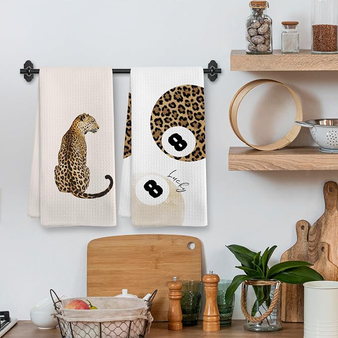 Trendy Leopard Cheetah Print Poker Lucky 8 Ball Bathroom Decor, Preppy Beige Neutral Leopard Decor Dish Hand Towels for Bathroom Kitchen Sets of 2, Cheetah Kitchen Towels and Dishcloths,16x24