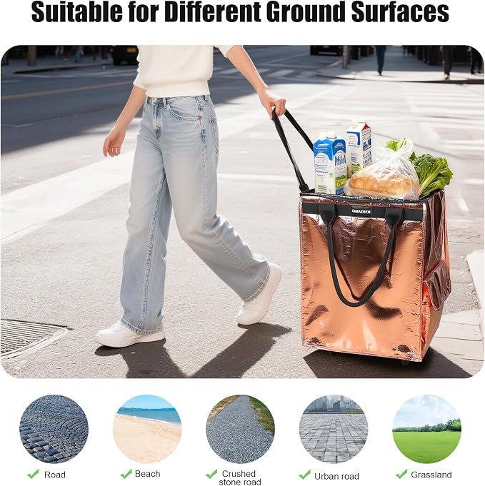 (Medium,Rose Gold) Reusable Grocery Bag on 4 Wheels, 70L Foldable Rolling Tote Bag with 3 Handles and Zipper, Rolling Shopping Cart for Groceries, Storage, Laundry, Travel, Organizer, 76lb