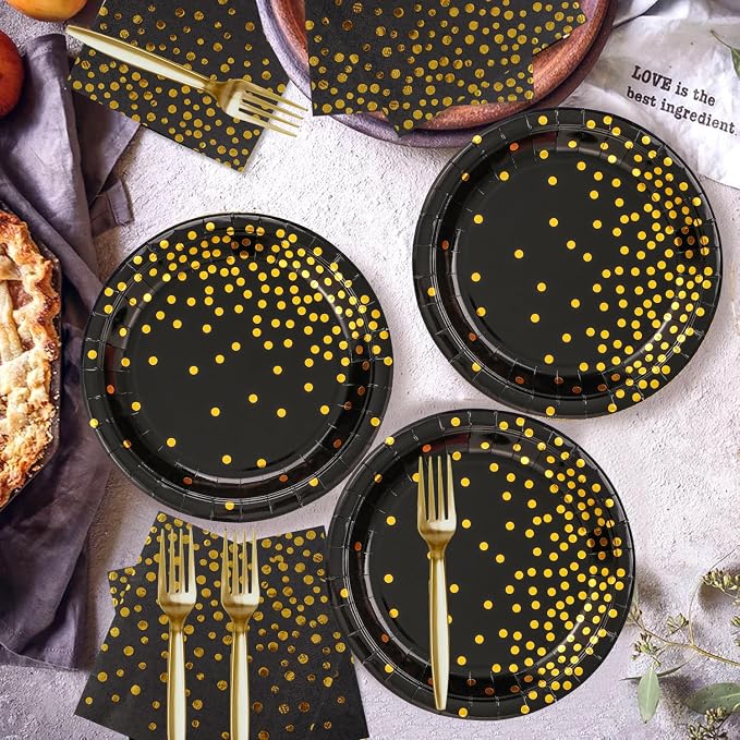 150 PCS Black and Gold Paper Plates Napkins Forks Party Supplies Serves 50, Golden Dot Disposable Paper Dinnerware 9" Plates for Birthday, New Years Eve, Graduation, Retirement Party
