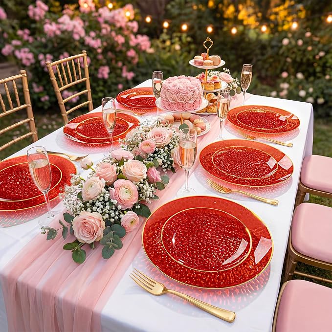 DaYammi 240Pcs Red Plastic Plates Including 120Pcs Red Dessert Plates and 120Pcs Gold Forks,Hammered Party Plate,Appetizer plates Heavy duty Disposable Plastic Plate for Party Wedding Bridal Shower