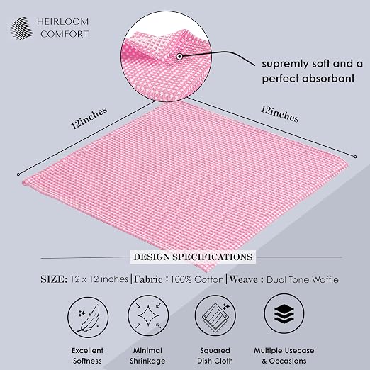 12 Pack Dual Tone Waffle Weave Dish Cloth, 12"x12", 100% Cotton, Absorbent, Fast Dry, Soft for Cleaning, Durable Dishcloth Set, Machine Washable, Hand Dish Towels, Baby Pink