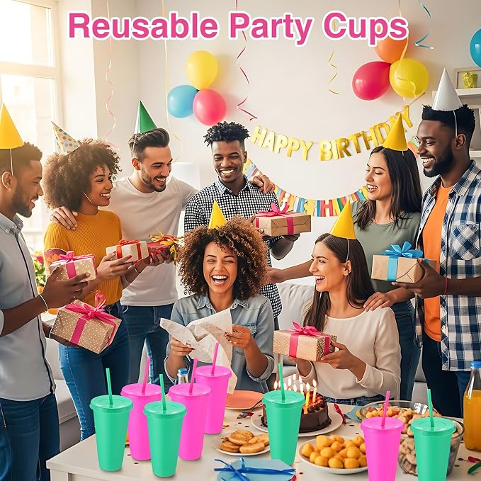 Honeydak 30 Pack Tumbler with Straw and Lid Bulk Cups for Gifts Water Bottle Iced Coffee Travel Mug Cup Reusable Plastic Tumblers for Party Birthdays 24-27 oz (Cyan and Rose Red Color)