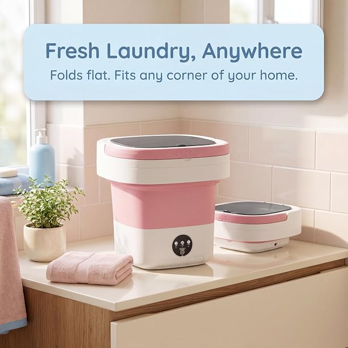 Mini Portable Washing Machine, Foldable 21L/5 Gallon Collapsible Washer, Quiet Compact Laundry Bucket for Dorm, Apartment, RV, Camping, and Travel, Light Pink