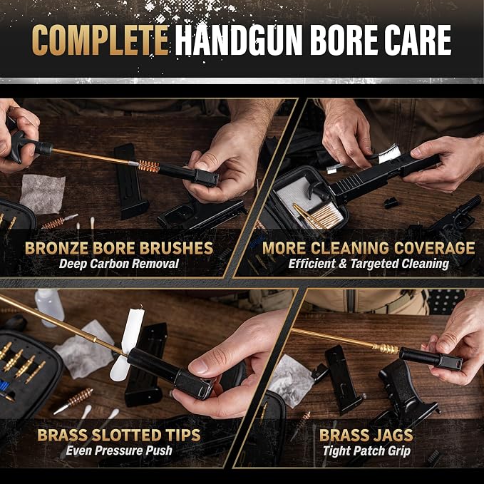 GLORYFIRE Universal Gun Cleaning Kit Fits .22 .357/9mm .38 .40 .45 Cal Handguns & Pistols Compact Carrying Case for Portability Multiple Styles with Brass or Plastic Jags & Tips for Shooting and Range