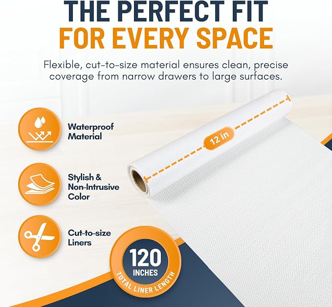 Shelf Liner Cabinet Liner for Shelves Non-Adhesive Kitchen Drawer Liner by Linda’s Essentials (12 x 120 Inches) - Non-Slip Easy Clean Shelf Liners for Cabinets and Cupboard Protector, Waterproof Mat