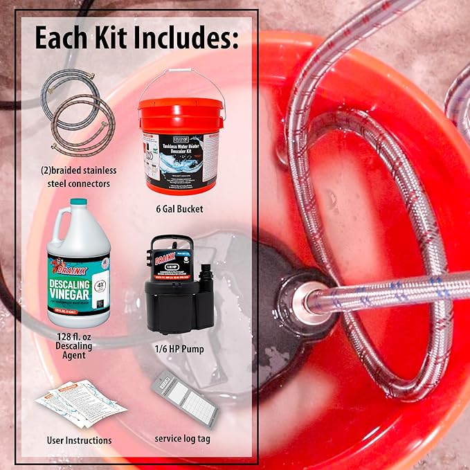 DrainX Tankless Water Heater Flushing Kit with Gallon Concentrated Vinegar, Dilutes to 4 Gallons, Heavy Duty 1/6HP Extra Strength Pump and Hoses.