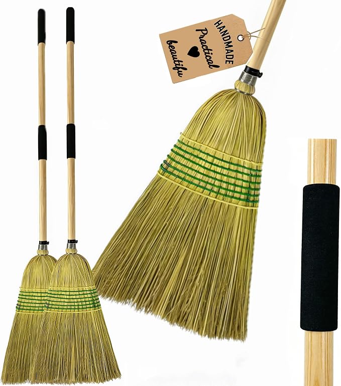 Straw Broom,Handmade Corn Broom Made from Natural Corn stalks, Outdoor Broom Equipped Wooden Handle. Natural Broom Reinforced (2)