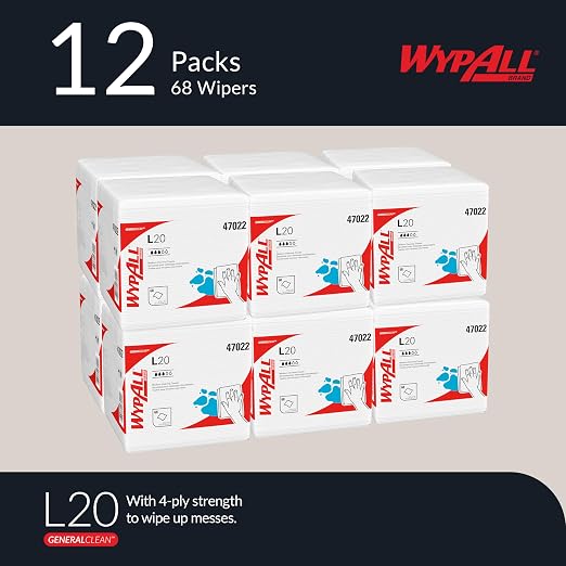 WypAll GeneralClean L20 Cloths Medium Cleaning Wipes (47022), Quarterfold Towels, Bulk Paper Wipers, White (12 Boxes of 68 Sheets, 816 Sheet Total)