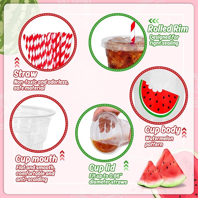 Whaline 50Pcs Watermelon Disposable Plastic Cups with Lids and Straws 12 Oz Red Watermelon Cold Beverage Drinking Cups for Summer Fruit Birthday Party Supplies