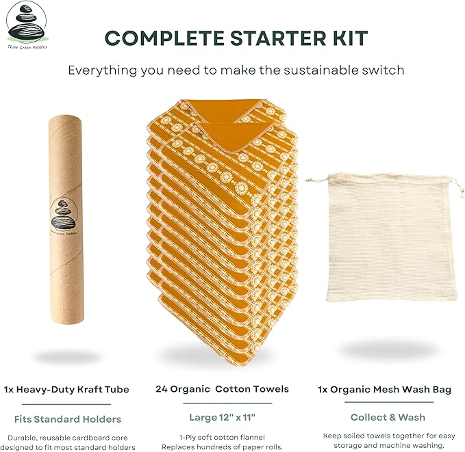 Reusable Paper Towels | 24-Pack Vintage French Country Lace in Gold Ochre | Organic Cotton Flannel | Paperless Towels with Wash Bag & Tube for Zero Waste Kitchen