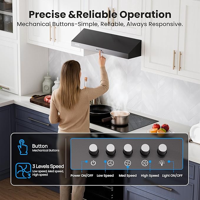 VIKIO HOME Under Cabinet Range Hood 30 Inch, 1200 CFM Dual-Motor Kitchen Vent with LED Lights, Button Control, Ducted Stainless Steel Vent Hood, Reusable 5-Layer Aluminum Filters, Black