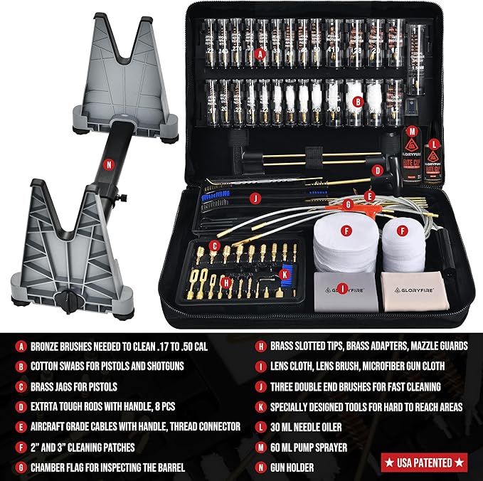 GLORYFIRE Universal Gun Cleaning Kit for Handgun Shotgun & Pistol,Elite Gun Cleaning Set with High-end Brass Brushes, Mops, Jags, Reinforced Rods and Gun Cleaning Snake&Ropes
