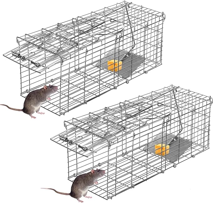 Humane Rat Trap Outdoor Indoor Collapsible Mouse Trap Chipmunk Traps Small Rodents Animal Mice Vole Hamsters Live Cage,Heavy Duty Metal & Reusable Easy to Catch and Release,2 Pack