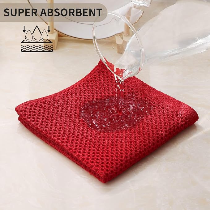Kitinjoy 100% Cotton Kitchen Dish Cloths, 6 Pack Waffle Weave Ultra Soft Absorbent Dish Towels for Drying Dishes Quick Drying Kitchen Towels Dish Rags, 12 X 12 Inches, Red