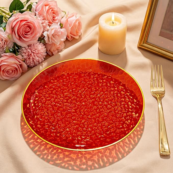 DaYammi 240Pcs Red Plastic Plates Including 120Pcs Red Dessert Plates and 120Pcs Gold Forks,Hammered Party Plate,Appetizer plates Heavy duty Disposable Plastic Plate for Party Wedding Bridal Shower