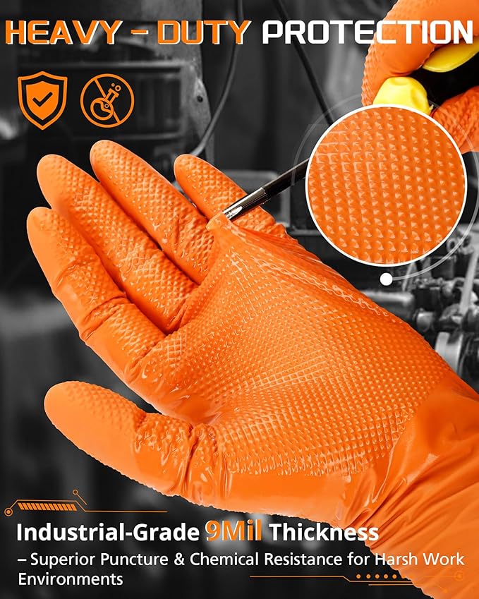 wcy 9 Mil Heavy Duty Orange Nitrile Gloves,Raised Diamond Texture Grip,Industrial Mechanic Rubber Gloves Disposable Latex Free Chemical Resistant Guantes for Work,Cooking,Food Safe - Large,80Count