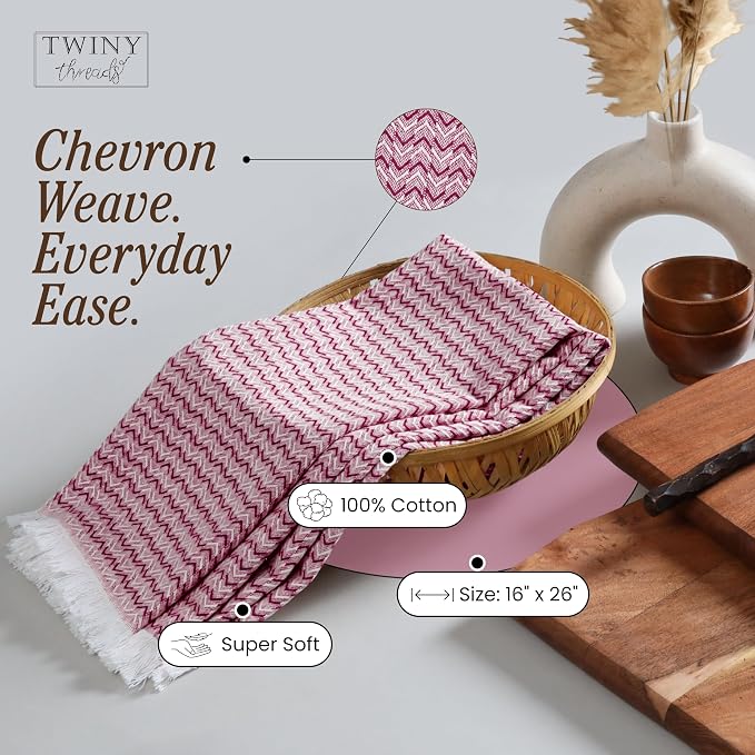 TWINY threads Dish Towel Chevron Pattern, Premium 100% Cotton Kitchen Linen Set, Large Wash Rags for Drying Dishes, Absorbent Quick Drying, Reusable, 12 Pack, 16"x26", Burgundy Wine
