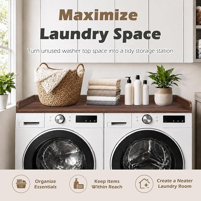 Royxen Washer Dryer Countertop with Solid Wood Core,54“W x 27.5D Laundry Countertop with Edge Rails,Washer and Dryer Topper for Laundry Room Organization(Walnut)