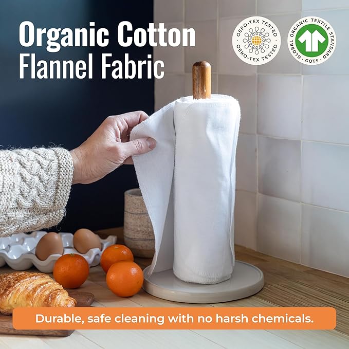 Zero Waste Reusable Paper Towels, Organic Cotton Flannel Wipes for Kitchen, Bathroom, Hand Drying, Pet Messes, and Counter Cleaning, White, 24-Pack Gift Set