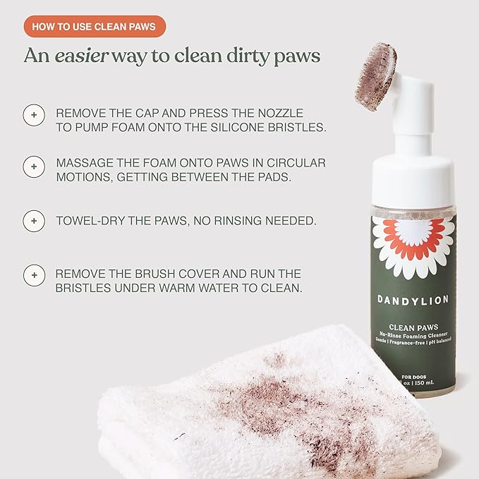 Dandylion Clean Paws Refill - No Rinse Dog Paw Cleaner Refill for Dogs, Fragrance Free pH Balanced Foaming Paw Washer, Pet Cleaning Supplies, Daily Post-Walk Use, 10 fl oz