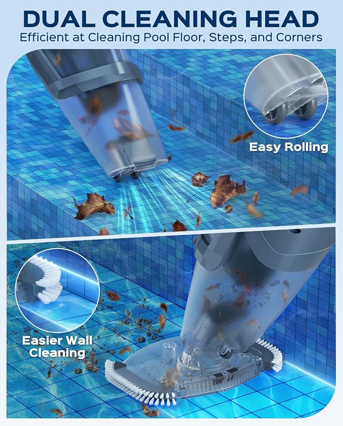 Cordless Handheld Pool Vacuum Cleaner with Telescopic Pole, 26.5 GPM Powerful Suction, Longer 1H Runtime, Portable Pool Vacuums for Above Ground/Inground Pools, Hot Tubs, Spas, Titanium Blue