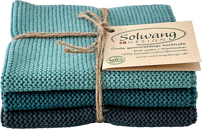 Solwang 3-Piece Danish Cotton Dishcloths in 100% Certified Organic Cotton Made in India (Azure Organic Combi)