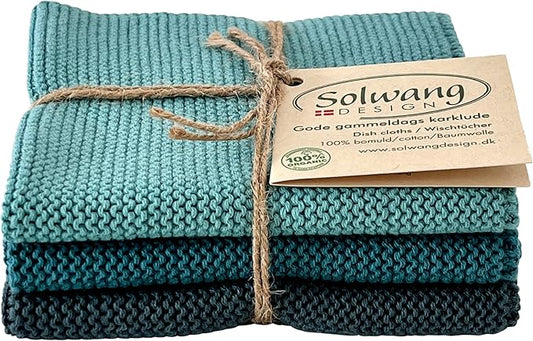Solwang 3-Piece Danish Cotton Dishcloths in 100% Certified Organic Cotton Made in India (Azure Organic Combi)