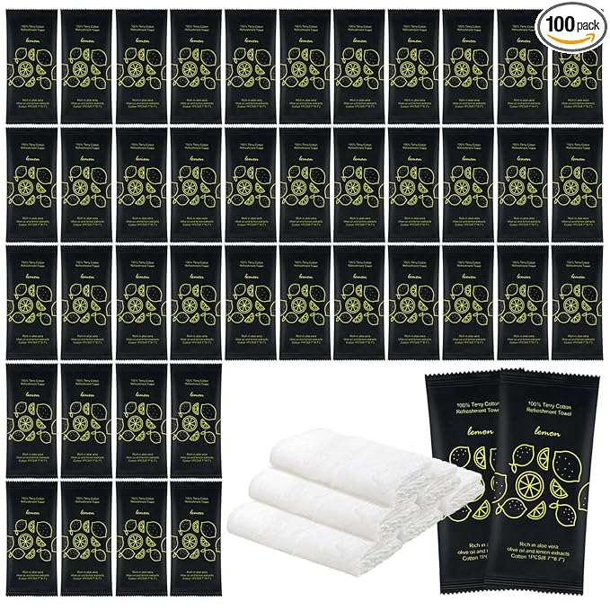 Hot or Cold Moist Cotton Towel Bulk Moist Towelettes Individually Wrapped 8.7" x 8.7",White Towel Services,Refreshment Pre Moistened Towels Lemon Scent for Travel Sport Party Spa Dentist Hote100