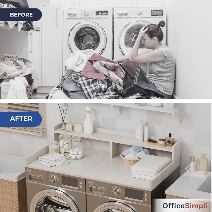 OfficeSimpli Large Washer Dryer Countertop with Shelf - 30 x 58 Inch - Made in USA Laundry Countertop Over Washer and Dryer with Non-Slip Pads, Storage Shelf, Laundry Topper Organizer, Rustic Oak