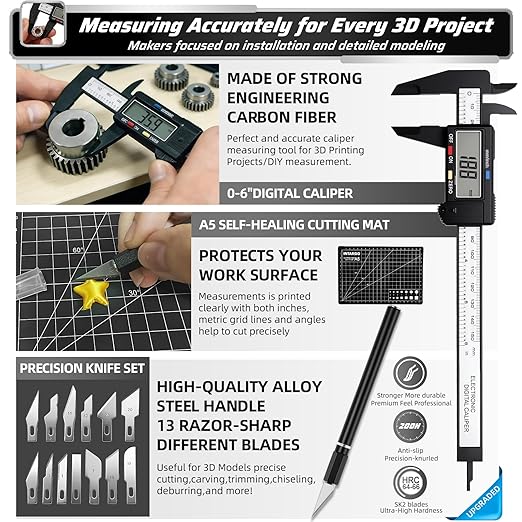 76pcs 3D Printer Tools Kit for Model Finishing/Deburring/Drilling/Polishing, 3D Printer Accessories incl. Flush Cutter, Pilers, Digital Caliper, for Bambu Lab, Flashforge, K2, FDM/SLA Printers etc