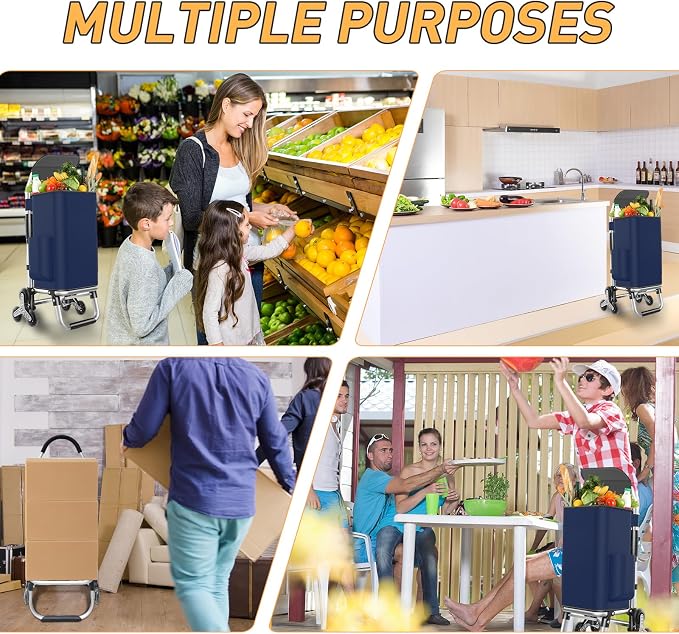 Heavy Duty 3 in 1 Shopping Cart, Foldable Hand Truck with 6 Wheels, 110 lbs Grocery Cart, Portable Utility Dolly, Waterproof Bag for Moving, Camping
