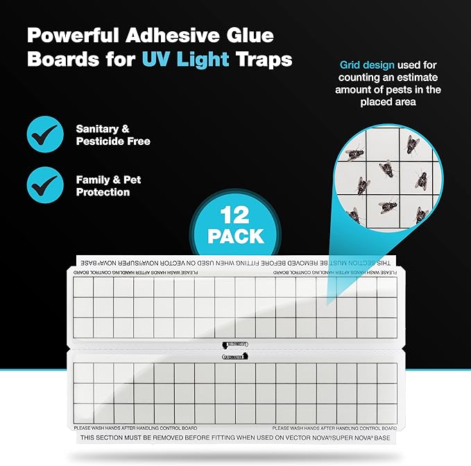 Catchmaster Vector White Glue Trap Refill Monitors, 12-Pk, UV Light Fly Traps for Home, Unscented Sticky Gnat Glue Boards for House, UV Lamp Insect & Mosquito Killer, Adhesive Bug Light Boards