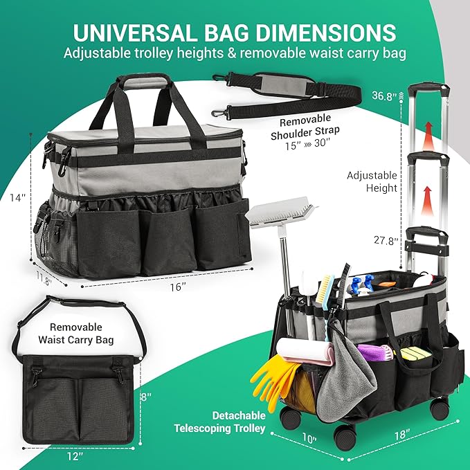 Large Rolling Cleaning Caddy Bag w/Detachable Trolley & Lid - Portable Cleaning Cart on Wheels w/Shoulder Strap & Waist Pouch - Cleaning Supplies & Tool Organizer for Home, Office, Car (Gray)
