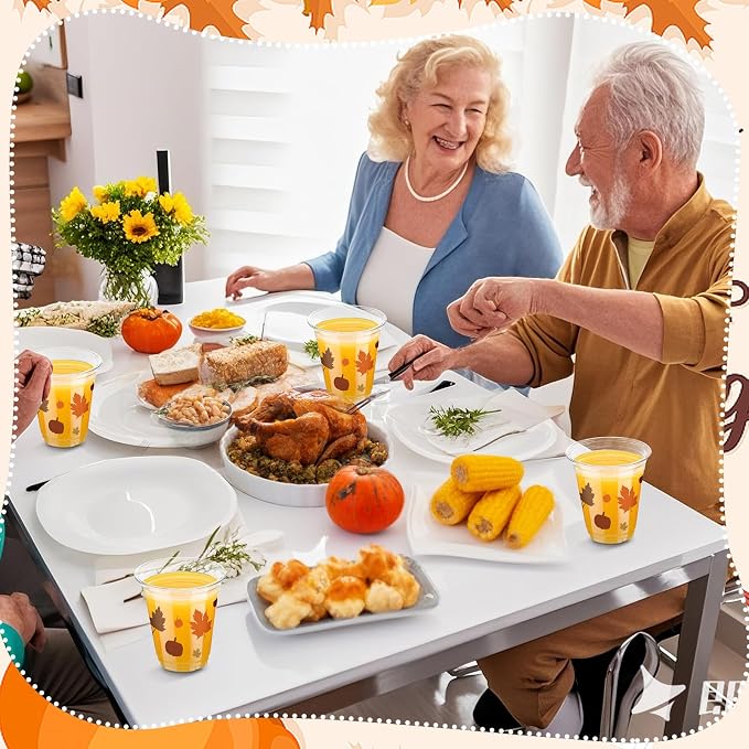 Uiifan 50 Pcs Fall Pumpkin Cups Bulk 12 oz Thanksgiving Disposable Plastic Drinking Cups Fall Party Clear Drinkware Pumpkin Maple Leaf Decoration for Autumn Harvest Thanksgiving Wedding Party Supplies