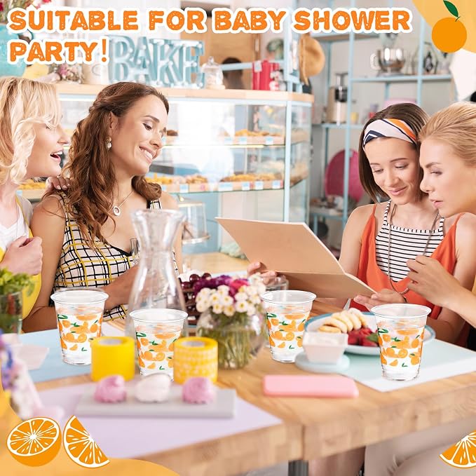 Jingmore 100 Pcs Orange Plastic Cups 12 oz Little Cutie Citrus Disposable Clear Plastic Drinking Cups Bulk for Fruit Theme Little Cutie Baby Bridal Shower Birthday Wedding Party Decorations Supplies