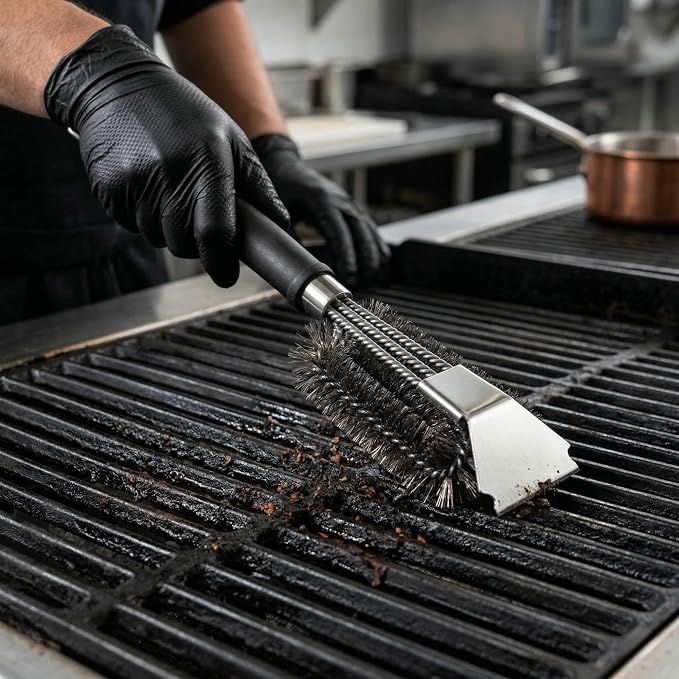 Restaurantware Met Lux 18.5-Inch Grill Brush 1 Durable Grill Cleaning Tool - Triple Head Brush For All Types Of Grills Silver Stainless Steel 201 Grill Accessory Iron Twist Wire Design