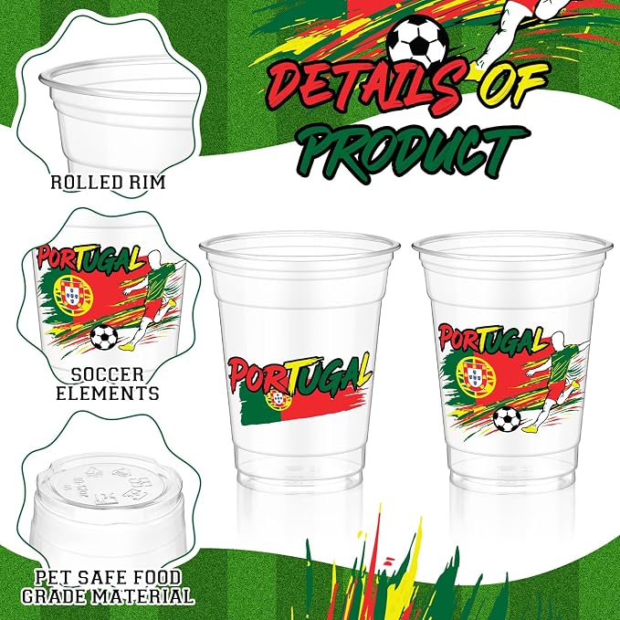 Jingmore 50 Pcs Soccer Plastic Cups 12 oz International Countries Soccer Disposable Plastic Cups Thick Clear Drinkware for Sports Games Party Supplies (Portugal)
