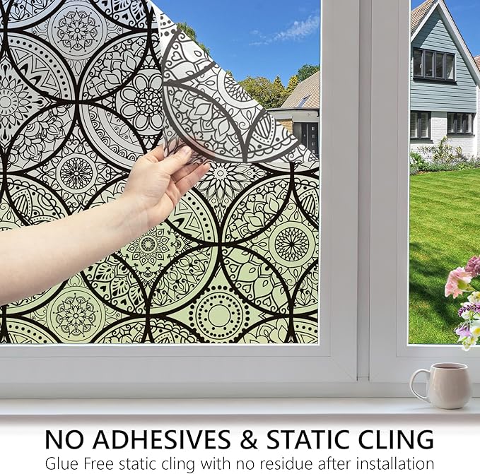 DKTIE Boho Stained Glass Look Window Privacy Film with Installation Tools, Decorative Frosted Glass Window Film Static Cling No Glue Removable, Pure Black, 17.7" x 118.1"