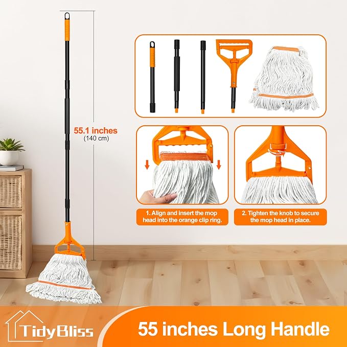 TidyBliss Commercial Mop Heavy Duty, 55 inches Long Handle Large Looped-End Industrial String Floor Cleaner, Professional Dry Wet Cotton Cleaning Tool for Concrete Tile Hardwood Office Garage (Orange)