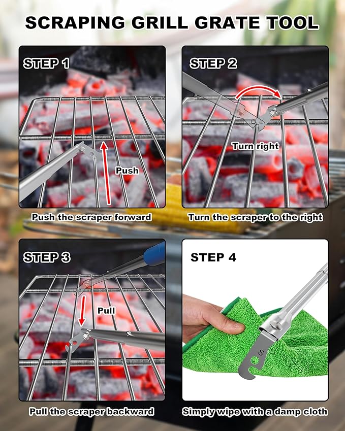 Premium Grill Cleaning Tool - 19.5 Inch Grill Grate Scraper for Outdoor Grills with Round Grates - Outdoor Scraping BBQ Tool Bristle Free, Safe and Cleaning the Top and Bottom of Grates