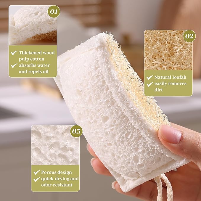 JOYMOOP Compressed Cellulose & Loofah Scrubbers, Non-Scratch Scrub Sponge, Kitchen Sponges for Dishes, 6-Pack, Dual-Sided Dish Sponge for Nonstick Cookware & All Surfaces