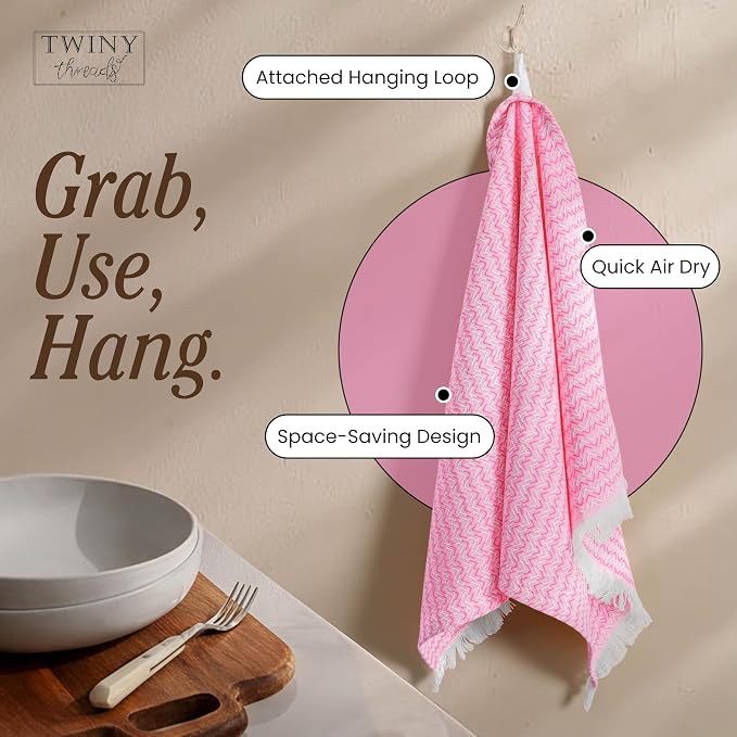 TWINY threads Dish Towel Chevron Weave, Premium 100% Cotton Kitchen Linen Set, Large Dish Rags and Wash Rags, Absorbent Quick Drying, Washable Reusable Dishcloth Set, 12 Pack, 16"x26", Rose Pink