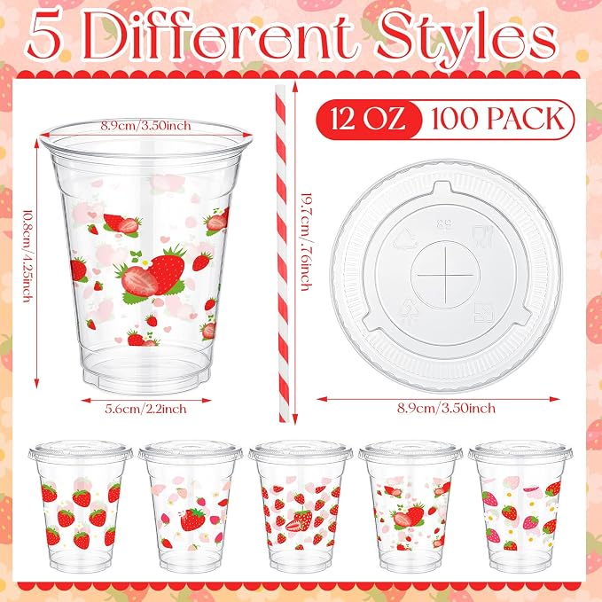 FoldTier 100 Pcs Plastic Strawberry Cups with Lids and Straws 12 oz, Strawberry Party Decoration Disposable Clear Drinking Cups for Baby Shower Berry Fruit Sweet 1st Birthday Shortcake Party Favor